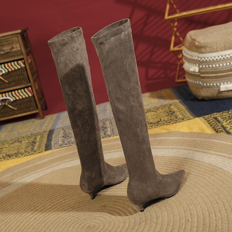 2025 new suede knee boots do not drop the tube black basic autumn and winter socks boots elastic high-heeled boots