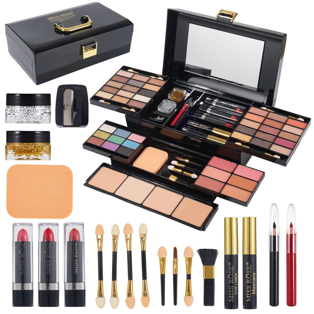 MISSROSE Makeup Palette Set: Eyeshadow, Lip Gloss, Lipstick, Blush, Concealer, Highlight, and Powder.