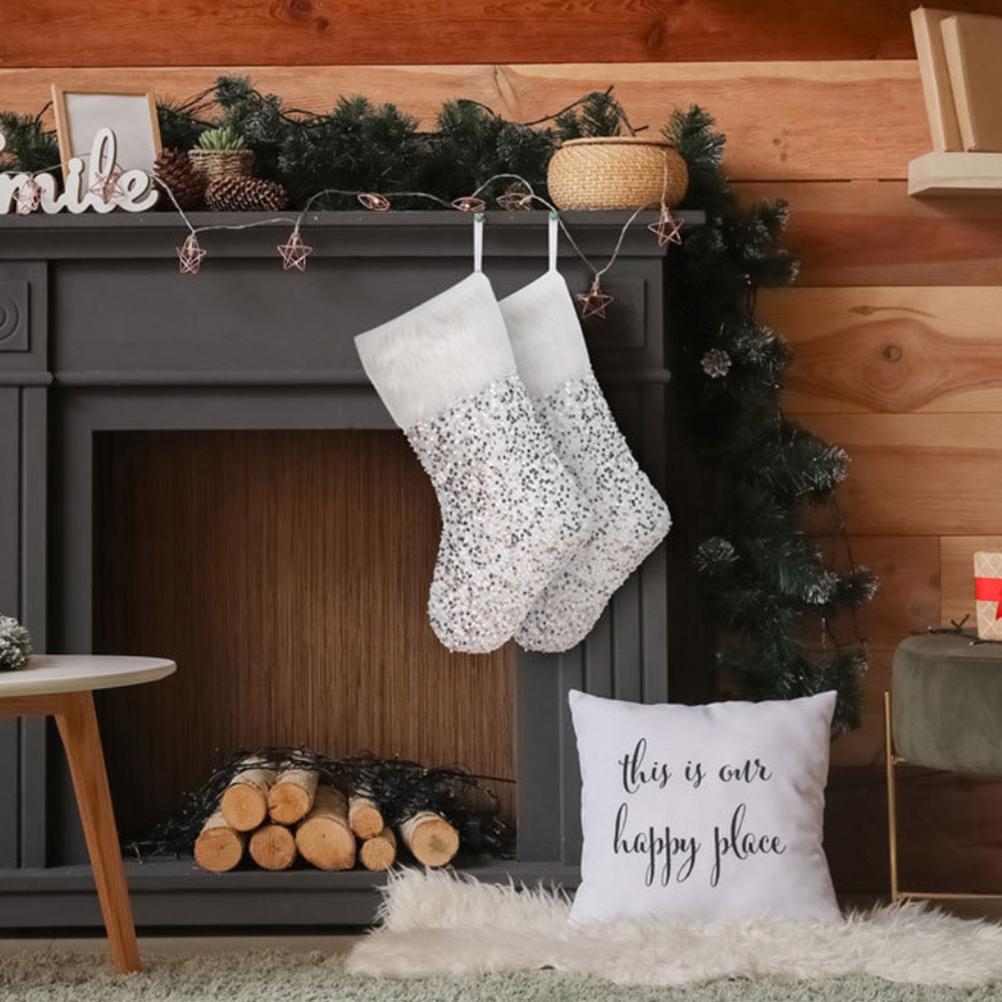 Sequins Plush Christmas Socks with Lanyard Portable Christmas Gift Bags Xmas Decoration for Fireplace and Christmas