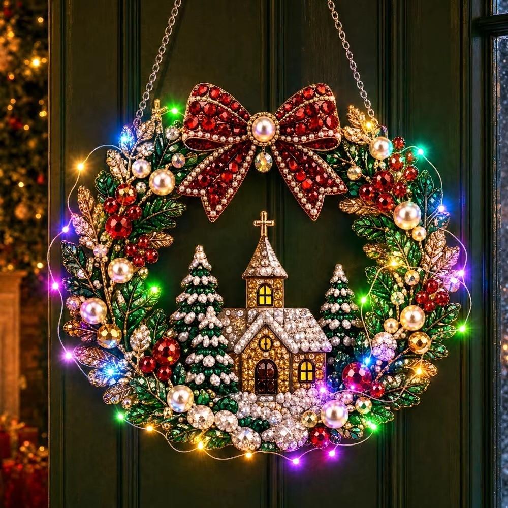 Diamond Sticking Diamond Art Wreath With LED String Light Hanging Wreath Holiday Gift