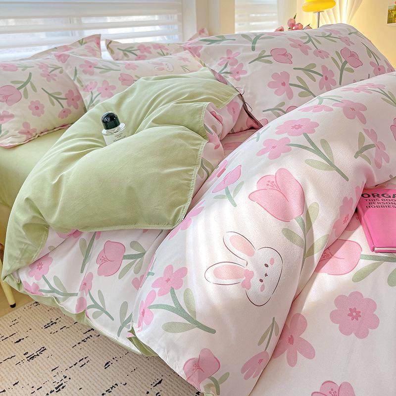 Class A Maternal And Infant Grade Small Fresh Pure Abraded Four-Piece Set Skin-Friendly Bed Sheet Washed Cotton Quilt Cover Student Dormitory 3Pcs Set
