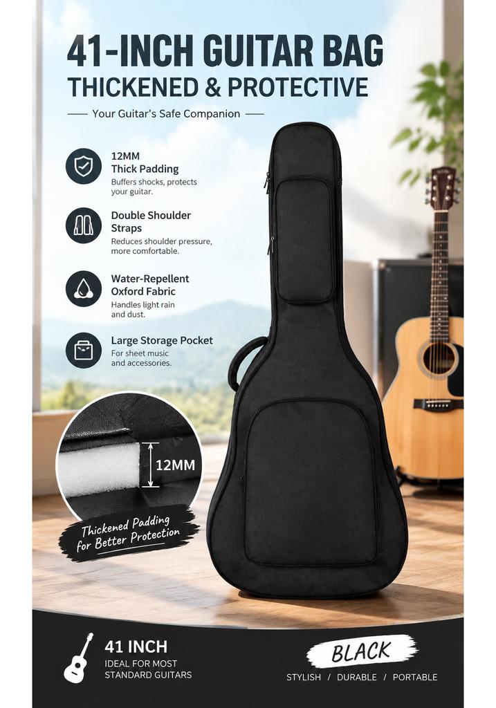 41-inch Ebony Black Thickened Oxford Guitar Case Double-Shoulder Shockproof Storage Bag