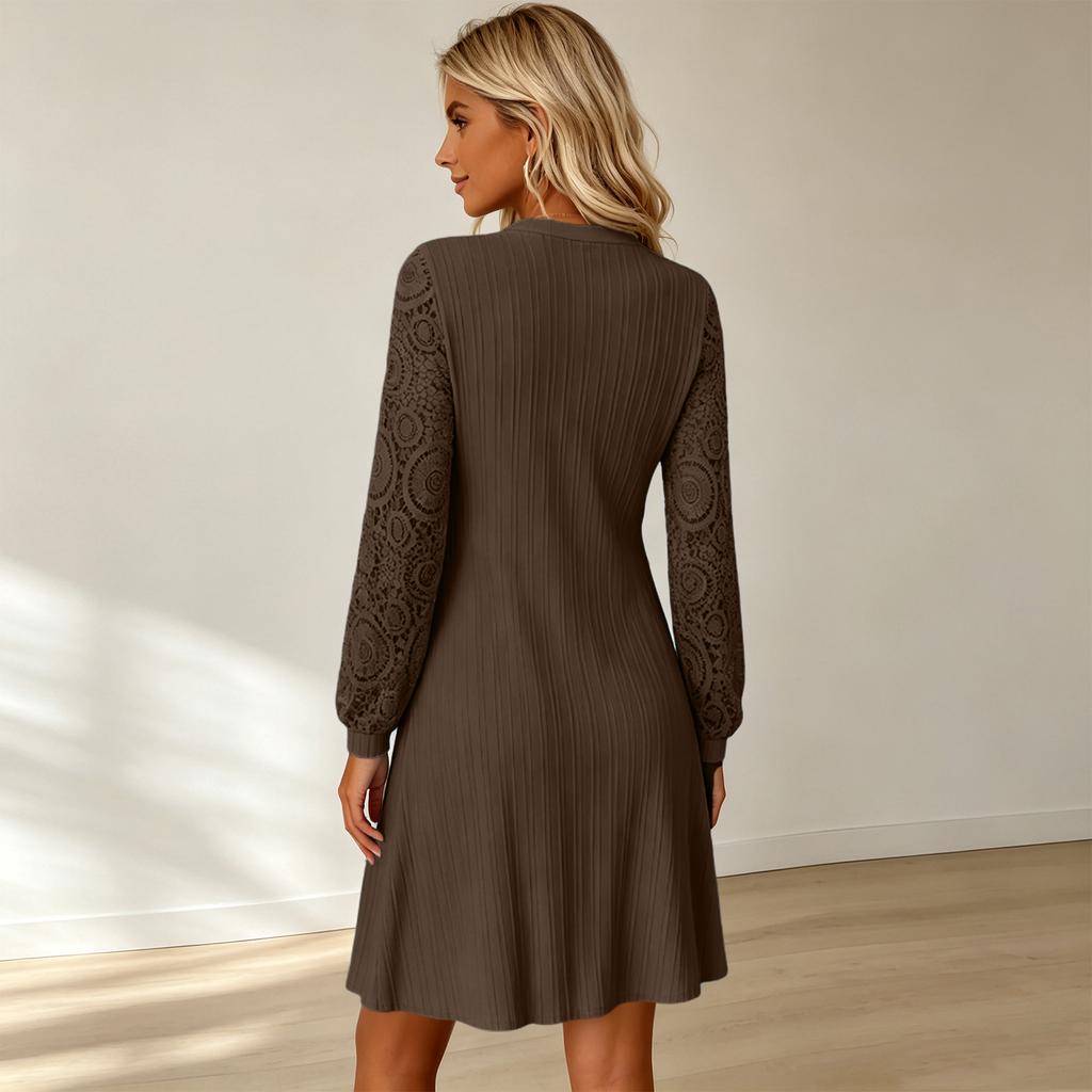 Women's Casual Color V-Neck Lace Hollow-Out Dress for Everyday Wear