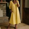 Women's V Neck Half Sleeve Cotton Linen Midi Dress Lace Trim Casual Loose A Line Dress