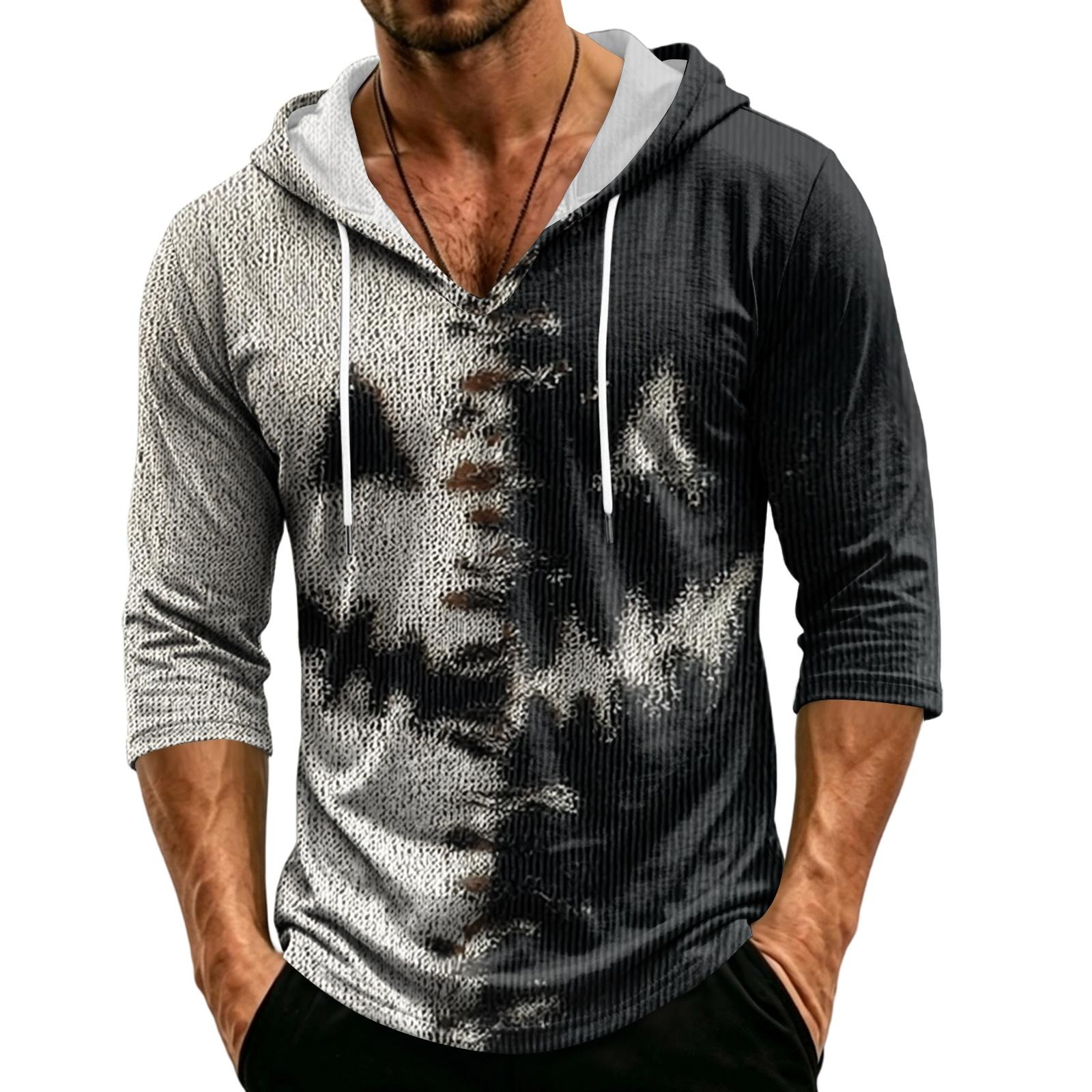 Men s Loose Fit Hooded Three-Quarter Sleeve Halloween Print Pullover XXXL красный