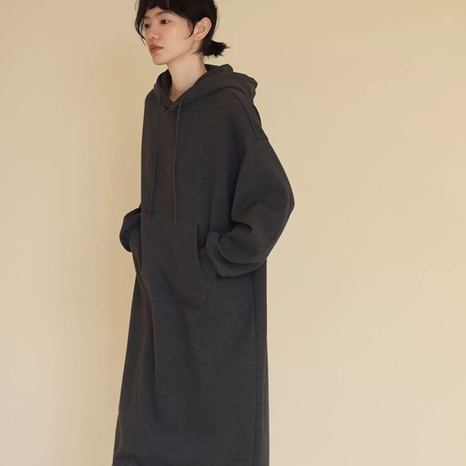 

Korean Style Hooded Sweatshirt Midi Dress - High-End Autumn/Winter Casual Over-the-Knee Straight-Cut M (up to 50 kg) темно-сірий