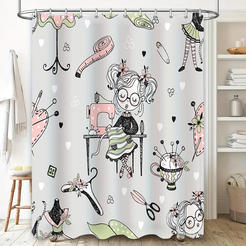 Floral Pattern Sewing Machine Cartoon Shower Curtain for Bathroom Decor White Pink Green Black Modern Kids Bath Mat Set 180x245c