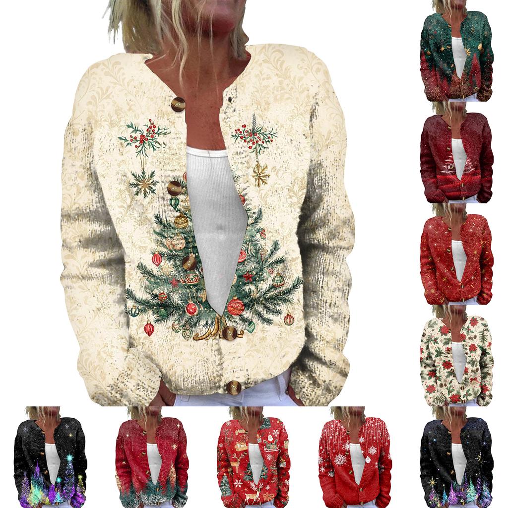 Women's Fashion Christmas Printed Long Sleeve Knitted Cardigan Button Down Jacket