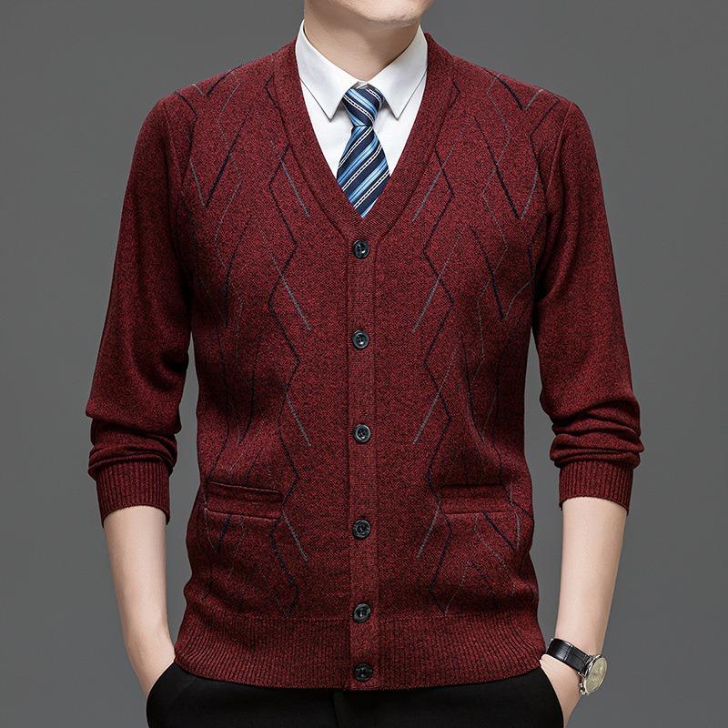 Men Plaid Knit Button Cardigan Casual Sweater Outerwear For Middle Aged Men