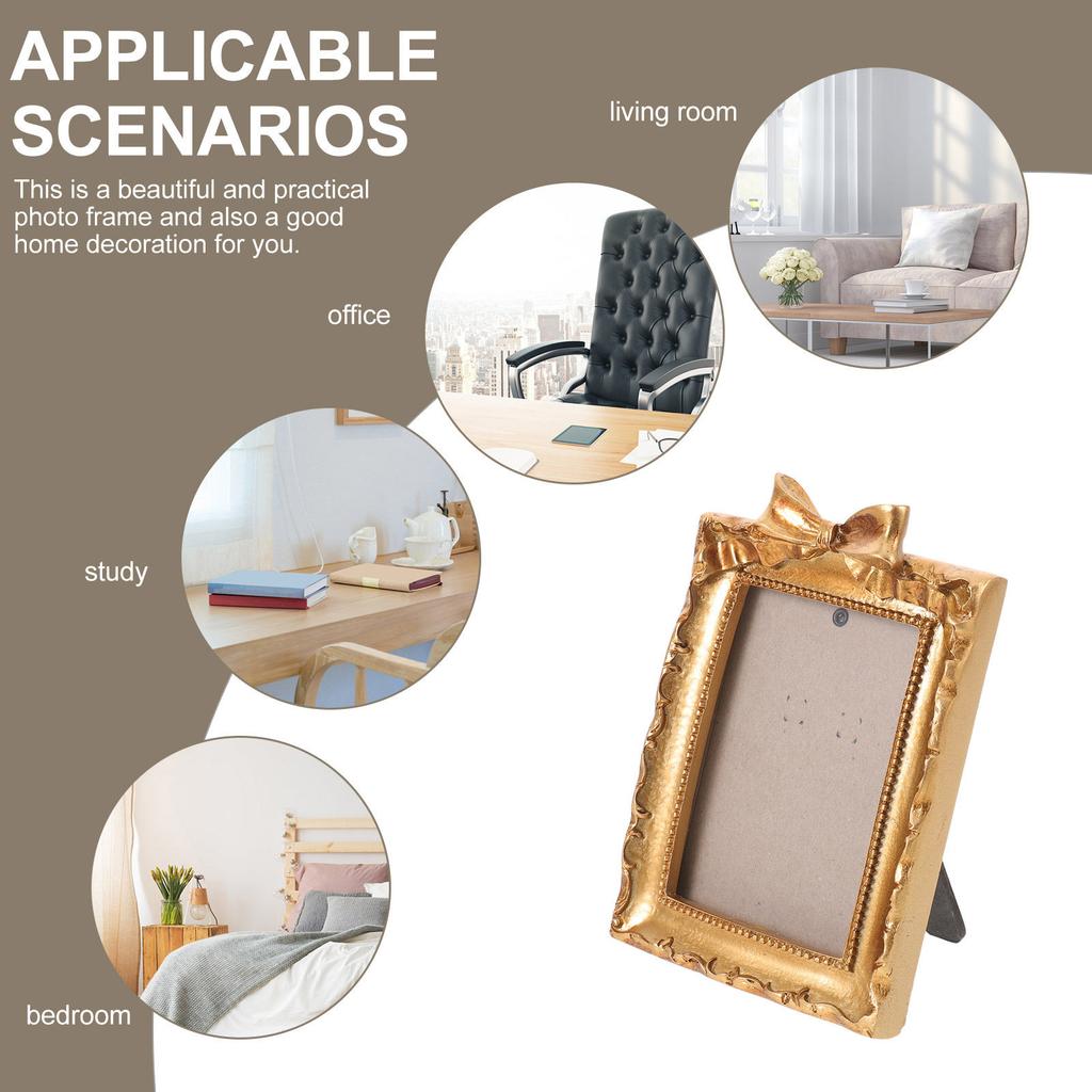 2Pcs Vintage Resin Picture Frames Golden European Bowknot Photo Frames 4.8x3.4in Retro Embossed Wall Art for Living Room Hallway