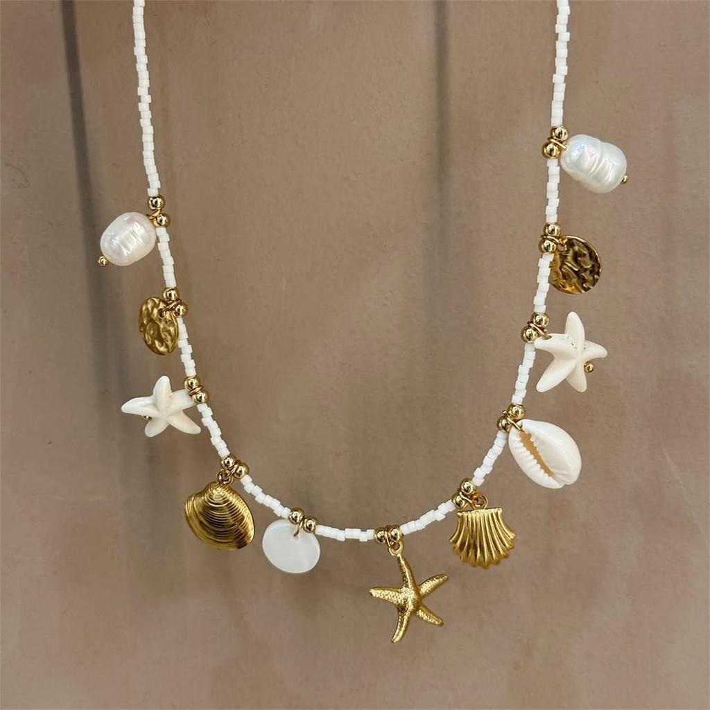 Bohemian Beach Shell Necklace Imitation Pearl Sea Star Conch Pendant Necklace Jewelry Gold Plated Color Preserved