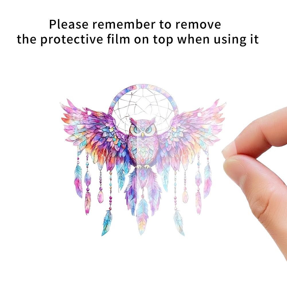 Colorful Owl Wind Chimes Acrylic Owl Dream Catcher with Feather Tassel Hanging Painting for Home Window Corridor Decorations