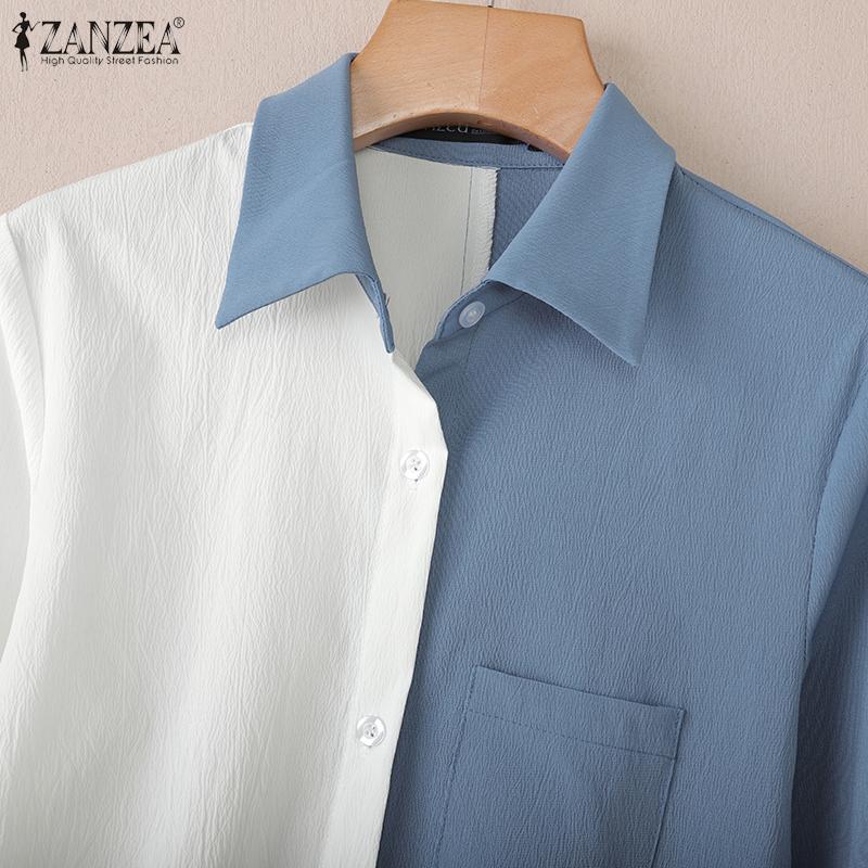 ZANZEA Women Casual Turn Down Collar Loose Long Sleeve Patchwork Blouse