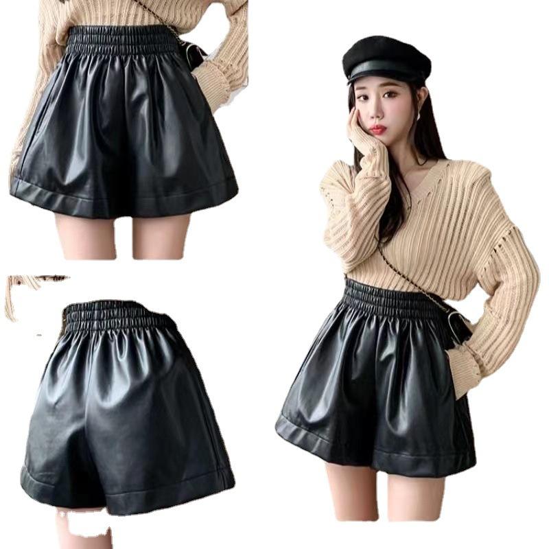 Women's Fall Elastic Waist Wide Leg PU Leather Shorts Winter High Waisted A Line White Outer Wear Pants Mini Shorts Versatile Slim Fit Hot Pants