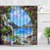 Tropical Landscape Shower Curtain 3D Open Window Ocean Beach Starfish Shell Palm Tree Scenery Waterproof Bathroom Decor Curtains