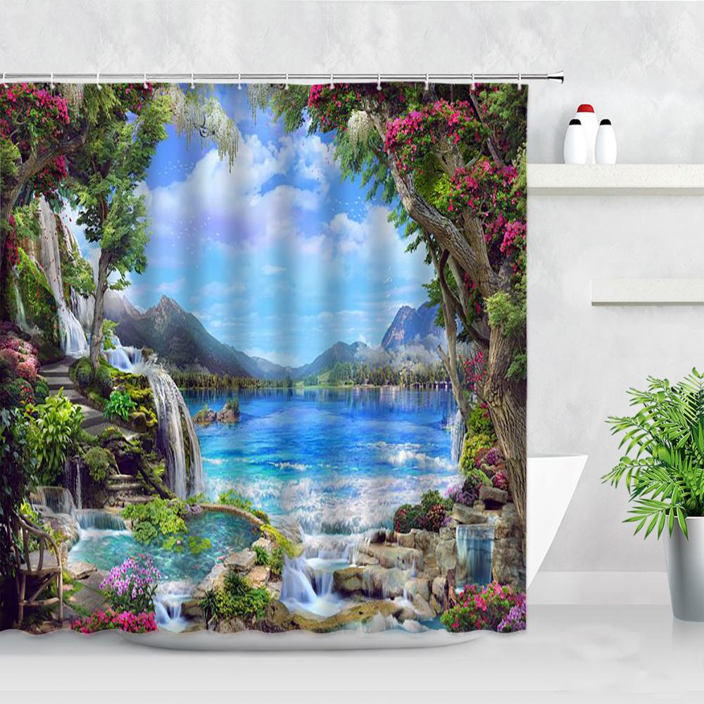 Tropical Landscape Shower Curtain 3D Open Window Ocean Beach Starfish Shell Palm Tree Scenery Waterproof Bathroom Decor Curtains