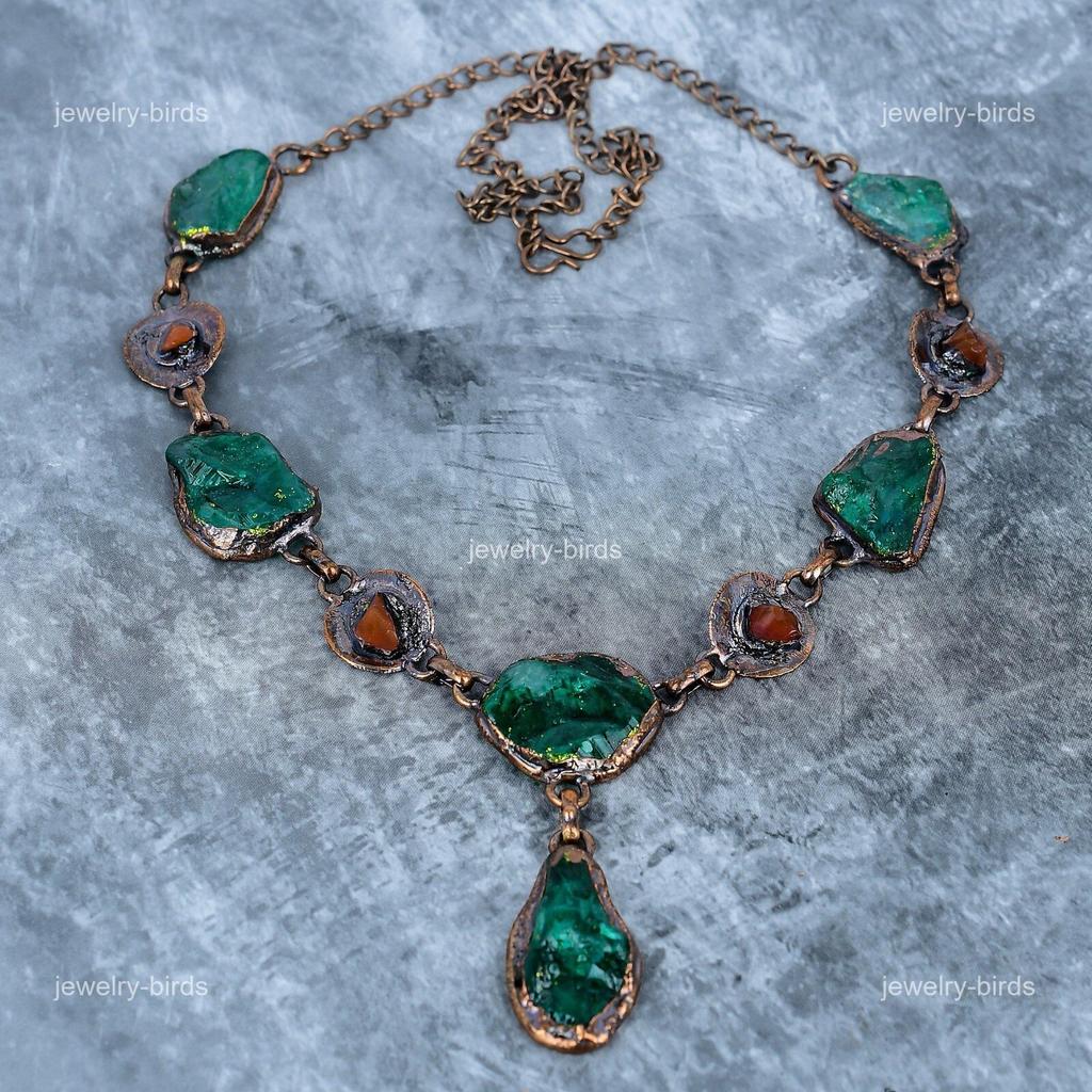 Green Tourmaline Gemstone Copper Chain Electroformed Heart Chakra Hook Necklace VP-107