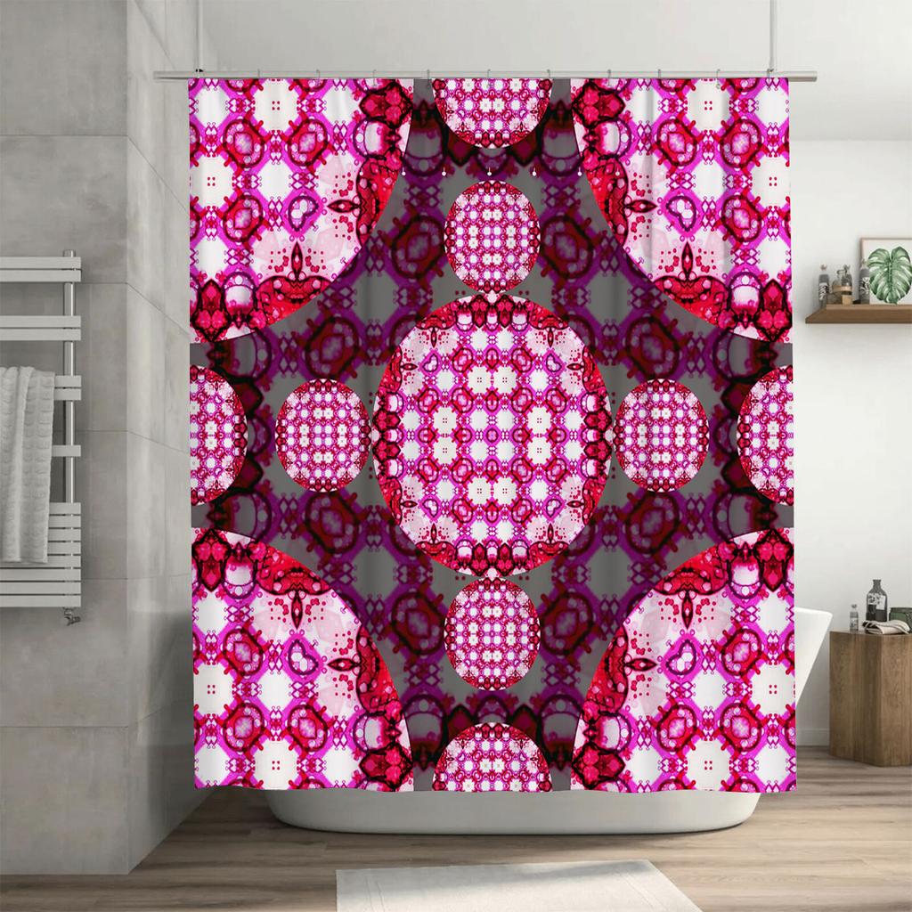 Futuristic Patterned Shower Curtain Waterproof Bath Decoration 3D Printed Bathroom Rug, Modern Floral Decor, Pink White Red Colo
