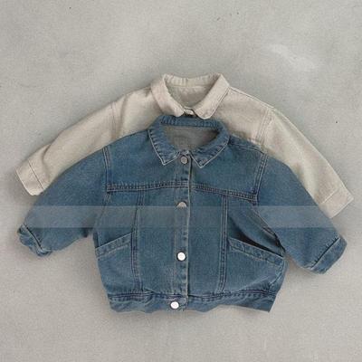 Korean Spring Fashion Denim Jacket for Kids: Stylish Boys & Girls Lapel Coat with Side Pockets