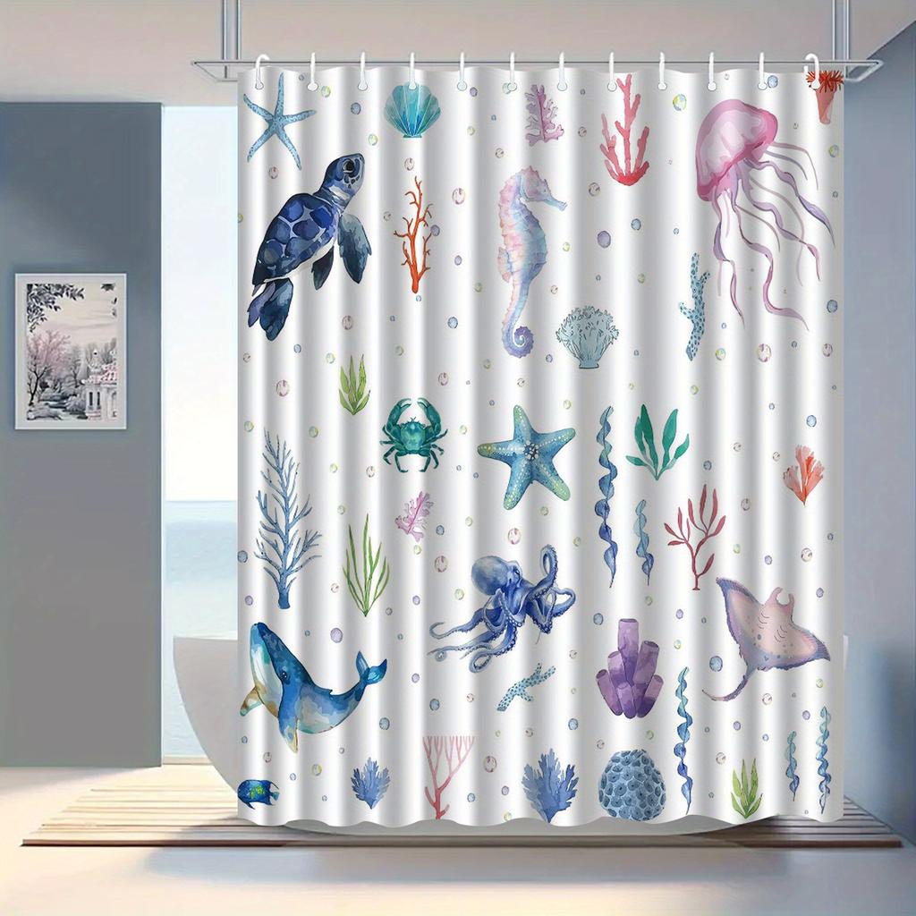 1pc Oceanic Shower Curtain with Hooks - Washable Polyester, Colorful Sea Creatures Design, Includes Jellyfish, Turtle