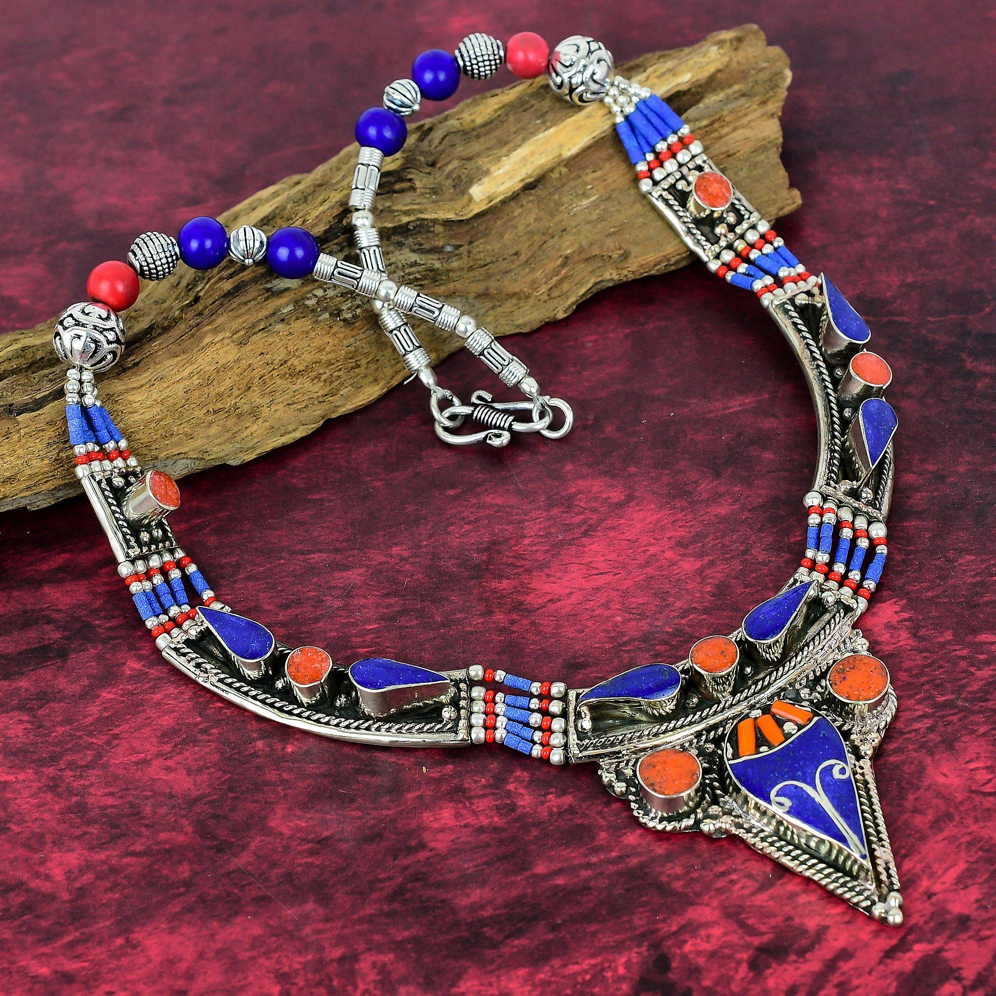 

Lapis Lazuli & Coral Handmade Gemstone Nepali Necklace, 925 Solid Sterling Silver Necklace Antique Jewelry, Adjustable Chain Necklace Engagement Gift