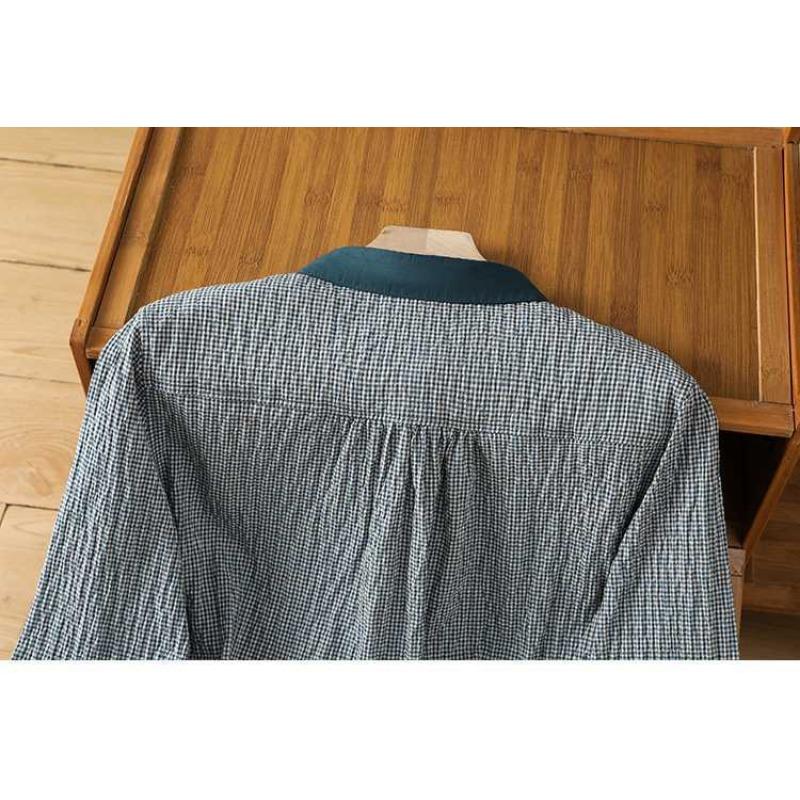 Early Spring Art Versatile Color Blocked Small Checkered Shirt Retro Small Collar Long Sleeve Checkered Top Shirt Blouses & Shirts