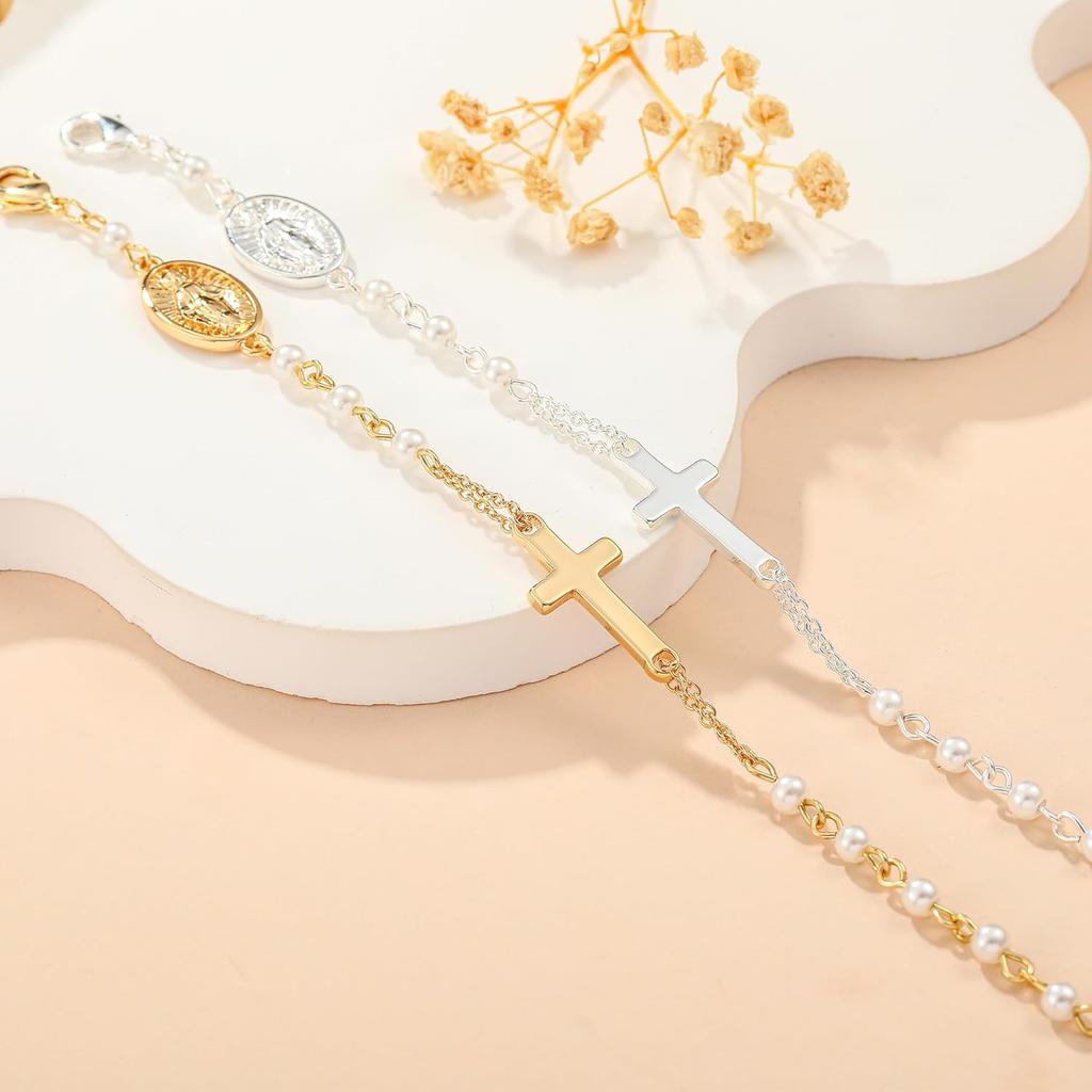 Catholic Gifts for Women Girls Pearl Rosary Beads Virgin Mary Cross Bracelet First Communion Baptism Religious Christian Jewelry