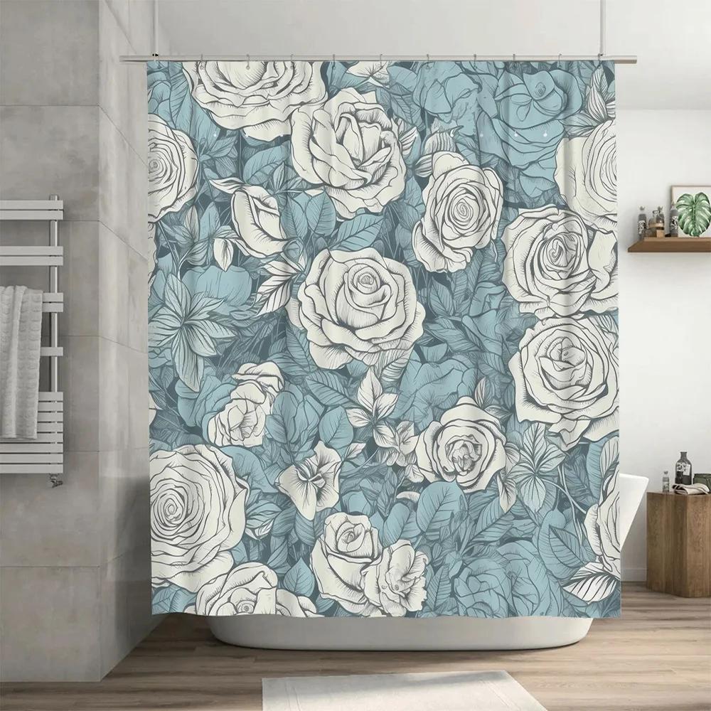 Floral Print Shower Curtain Waterproof Bathroom Decor Fabric Home Decoration Modern White Roses Blue Floral Printed Shower curta