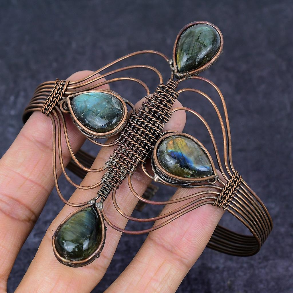 Labradorite Gemstone Copper Wire Wrap Cuff Bangle Adjustable