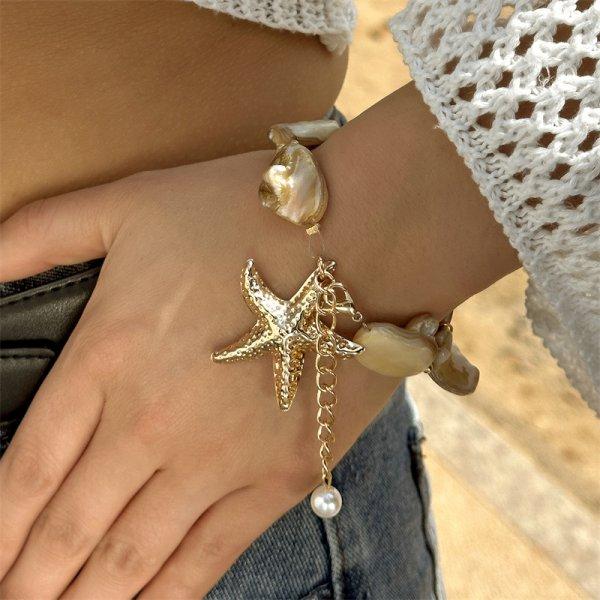 Bohemian Beach Style Bracelet For Women Gold Color Big Starfish Shell Conch Charm Bangle Girls Summer Vacation Jewelry Accessory