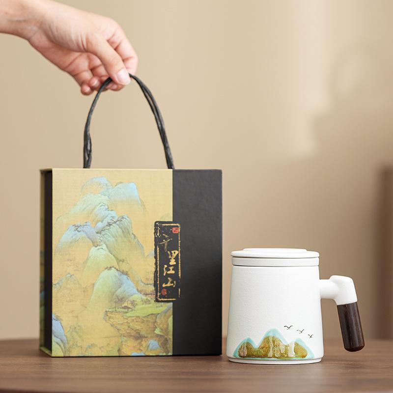 Retro High-end Coarse Pottery Qingshan Flying Bird Teacup Set Ceramic Office Cup Annual Meeting Gift Practical High-end Souvenir