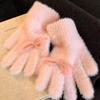 Korean Pink Bow Knit Plush Women's Winter Gloves: Fluffy, Velvet-Lined, Cold-Proof Five-Finger Design