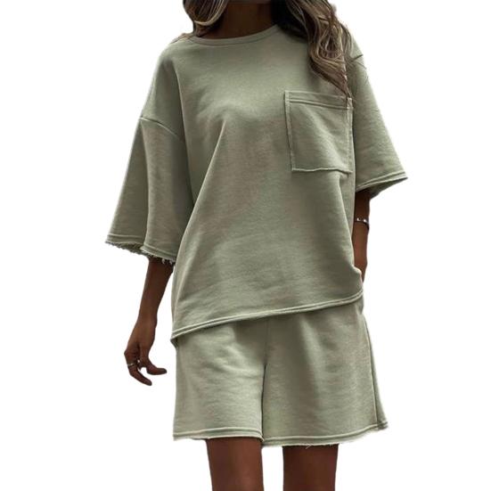 Women's Casual 2 Piece Outfit Crew Neck Short Sleeve Top Elastic Waist Shorts Set
