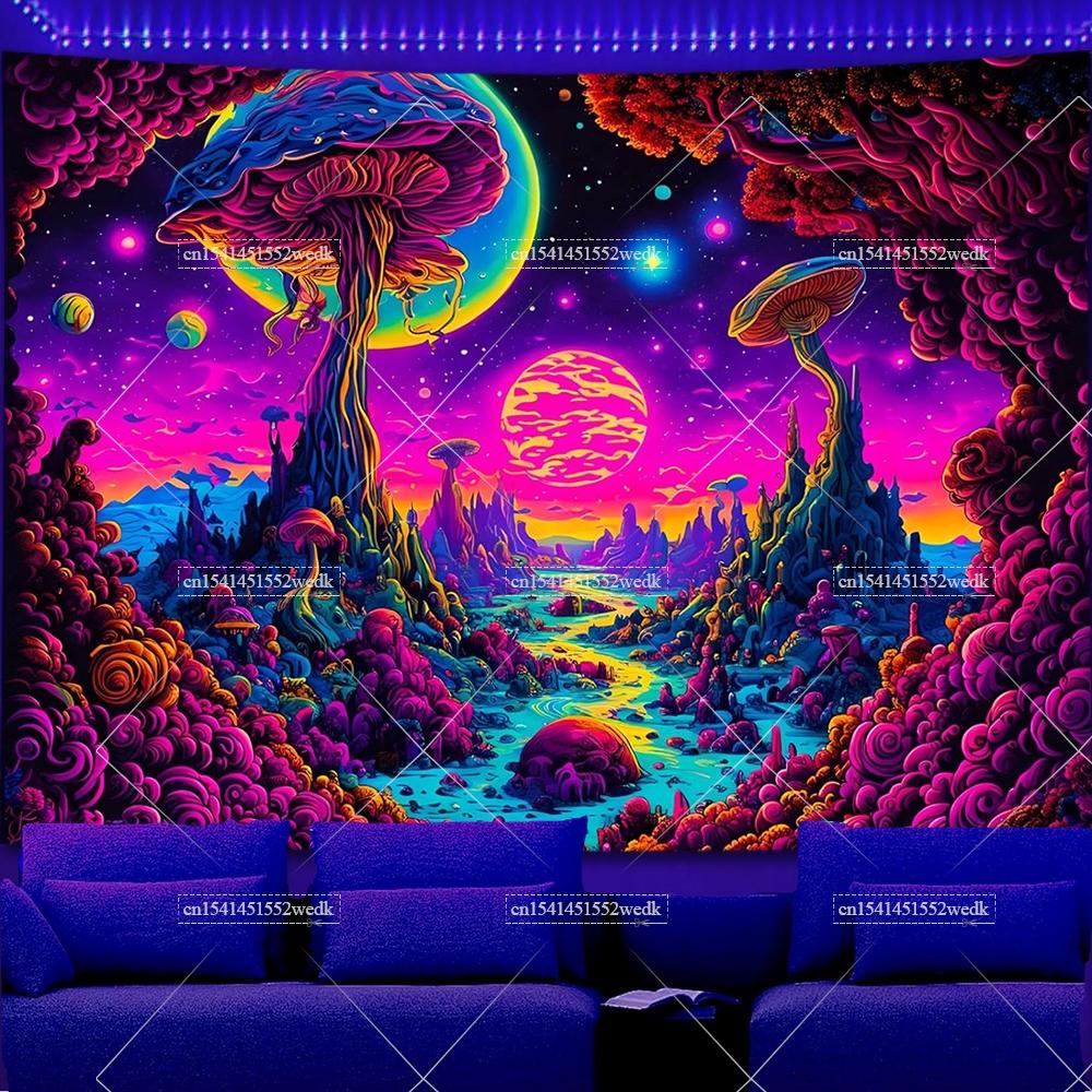 Skeleton Eye Blacklight Mushroom Tapestry UV Reactive Sun And Moon Neon Tapestrys Glow In The Dark Aesthetic Room Decor Posters