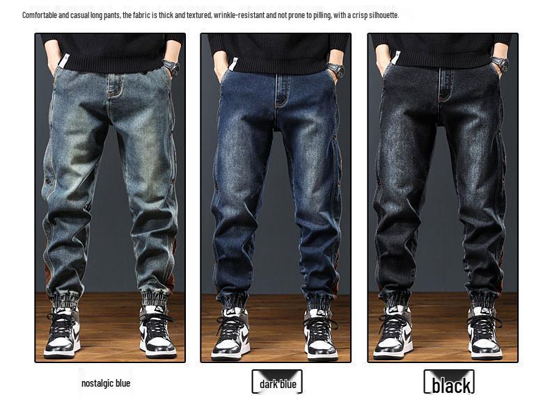 Męskie Grube Jeansy Robocze Patchworkowe - Luźne, Zakończone Ściągaczem, Modna Marka Streetwear, Spodnie Haremki