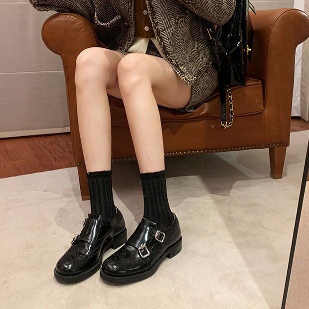 Cowhide version temperament French leather engraved Brock loafers women's platform small leather shoes thick heel single shoes derby shoes