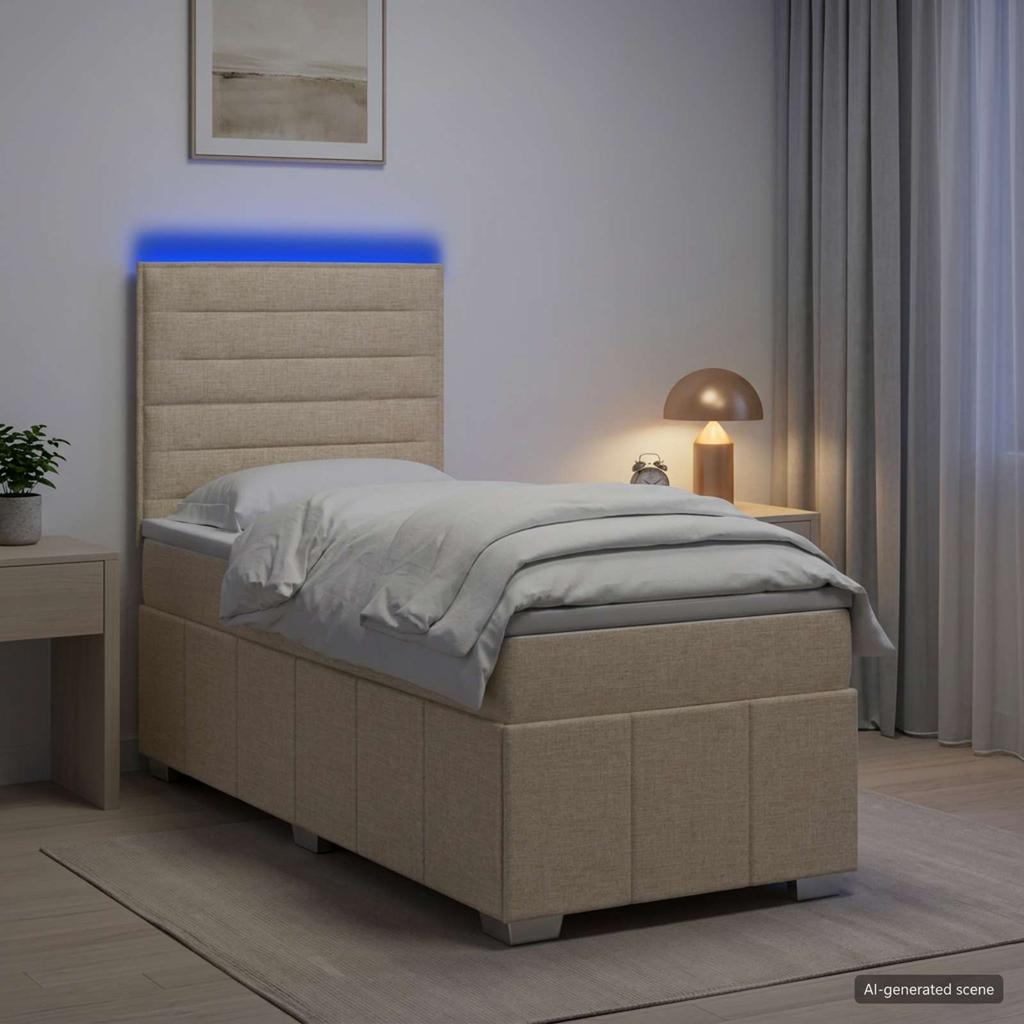 LED Box Spring Bed with Mattress Cream 80 X 200 Cm Fabric
