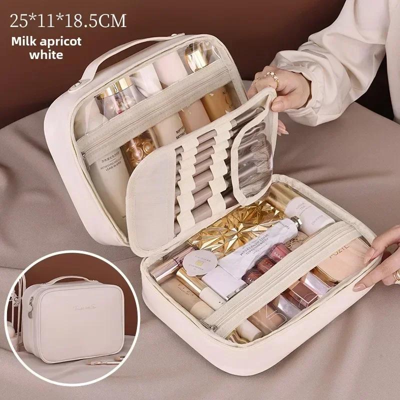 Women PU Leather Double Layer Travel Makeup Wash Clear Cosmetic Bag with Zipper Multi-Compartment Waterproof Toiletry Makeup Box