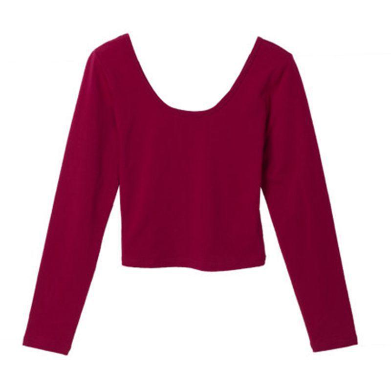 Women's Sexy Black Deep U-Neck Long-Sleeve Cropped T-Shirt