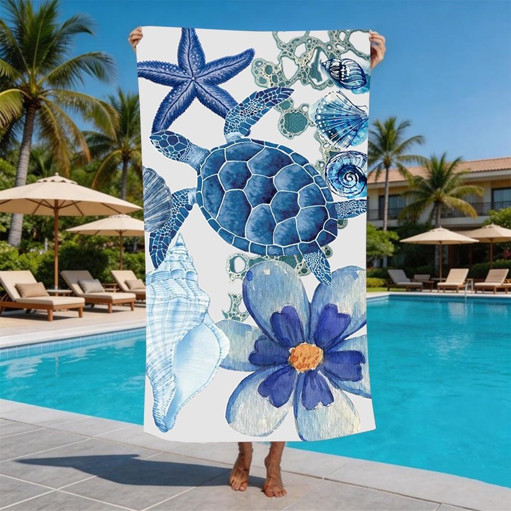 Blue Watercolor Underwater Life Beach Towel Turtle Octopus and Seahorse Print Towel for Beach Lovers This Summer