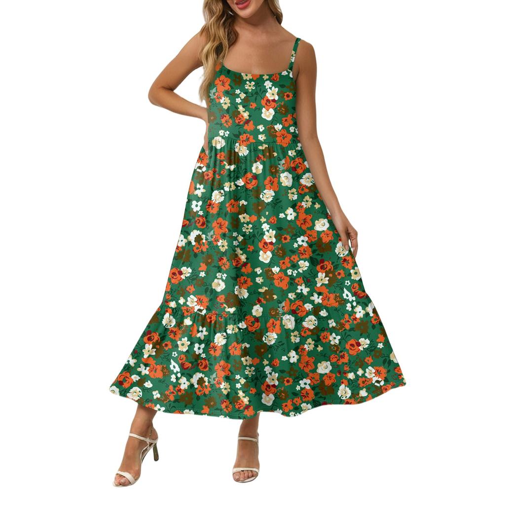 Damska Długa Plażowa Codzienna Elegancka Sukienka Maxi na Cienkich Ramiączkach, Szyta, Subtelna, Zwiewna Sukienka w Stylu Boho