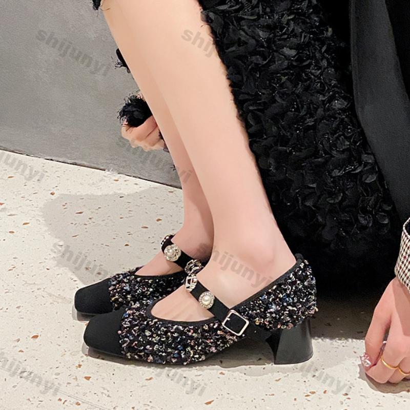 Fashion Women New Design Sequined Mary Jane Shoes Buckle Pumps Elegant Shallow Hollow Thick Heel Casual Shoes Ladies Party Leather Shoes