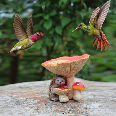 Vogelhäuschen aus Kunstharz mit Pilzen, Igelstatue mit Pilzschale, Gartendekoration, Vogelbad, Vogelhäuschen für den Außenbereich, Terrasse, Rasen, Hof