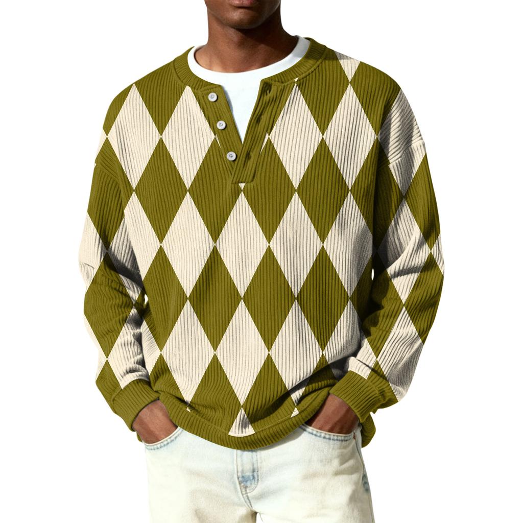 Męski sweter z dzianiny prążkowanej z długim rękawem, z kołnierzykiem zapinanym na guziki