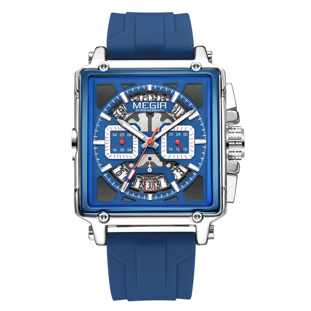 MEGIR Men's Square Chronograph Watch 3ATM Waterproof Quartz Sport Wristwatch for Men with Date & Stopwatch Relogio Masculino
