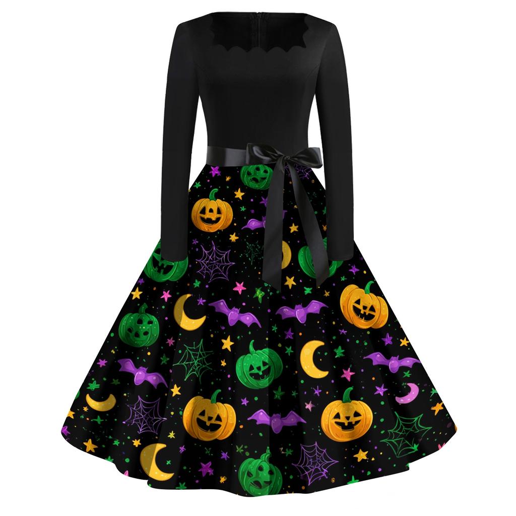 Women's Casual Vintage Halloween Print Square Neck Long Sleeve Dress Retro Fit Flared Skirt Midi Length with Waist Tie Belt