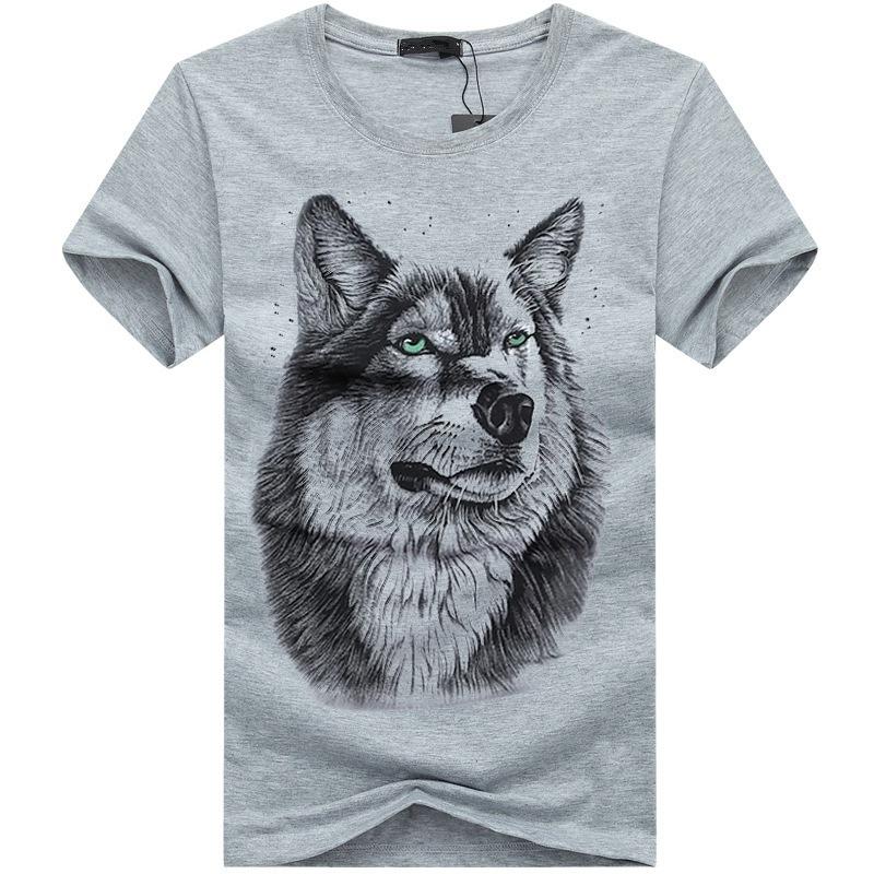 Sommer Kurzarm T-Shirt Herren Übergröße Jugend T-Shirt Rundhals 3D Wolfskopf T-Shirt