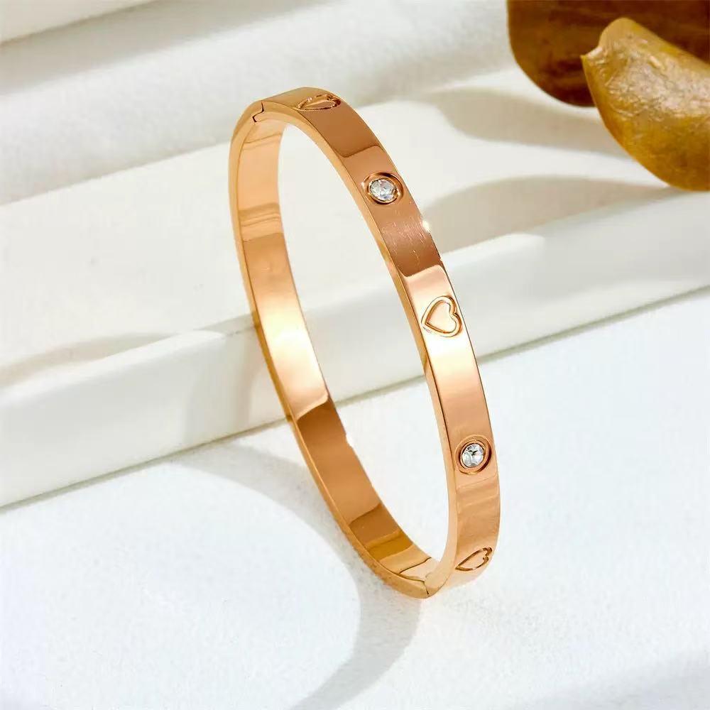 Luxurious Rose Gold Titanium Steel Bracelet with Starry Diamond Inlays & Colorfast Mother of Pearl for Women