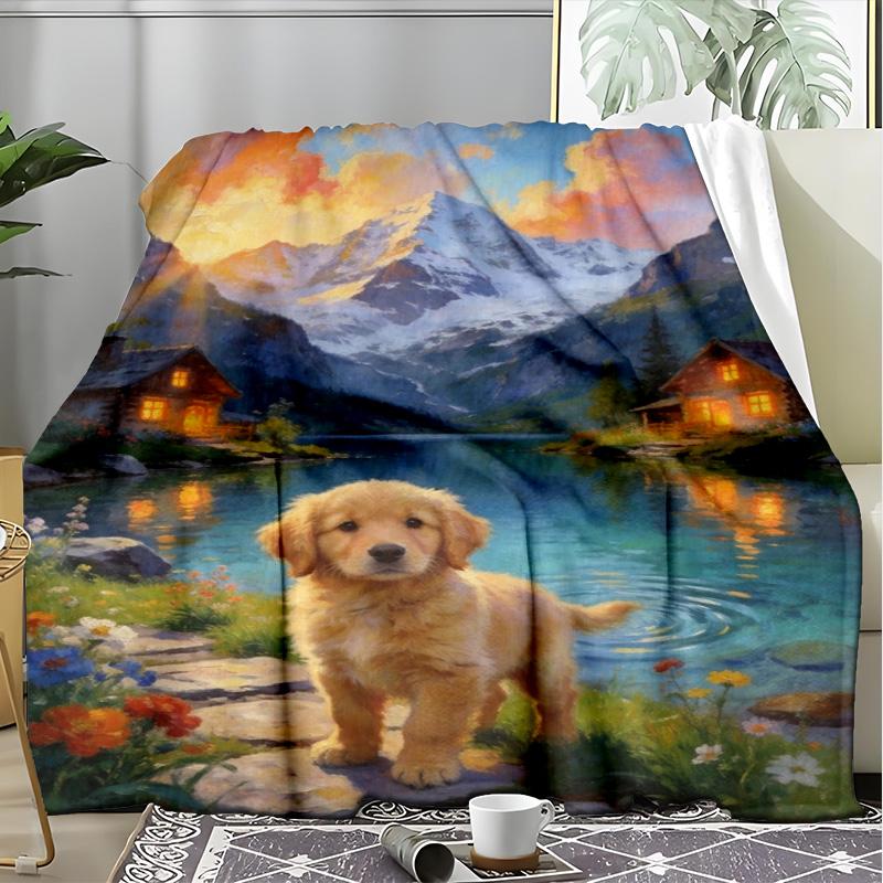 Cute Golden Retriever Puppy Mountain Lake Blanket, Fluffy Dog Flannel Throw Blanket for Pet Lover Home Decor