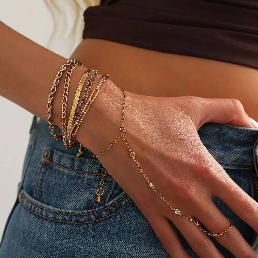 

SHIXIN 6Pcs/Set Vintage Stainless Steel Connect Finger Chain Bracelets for Women on Hand Gold Color Snake Chain Bangles Jewelry